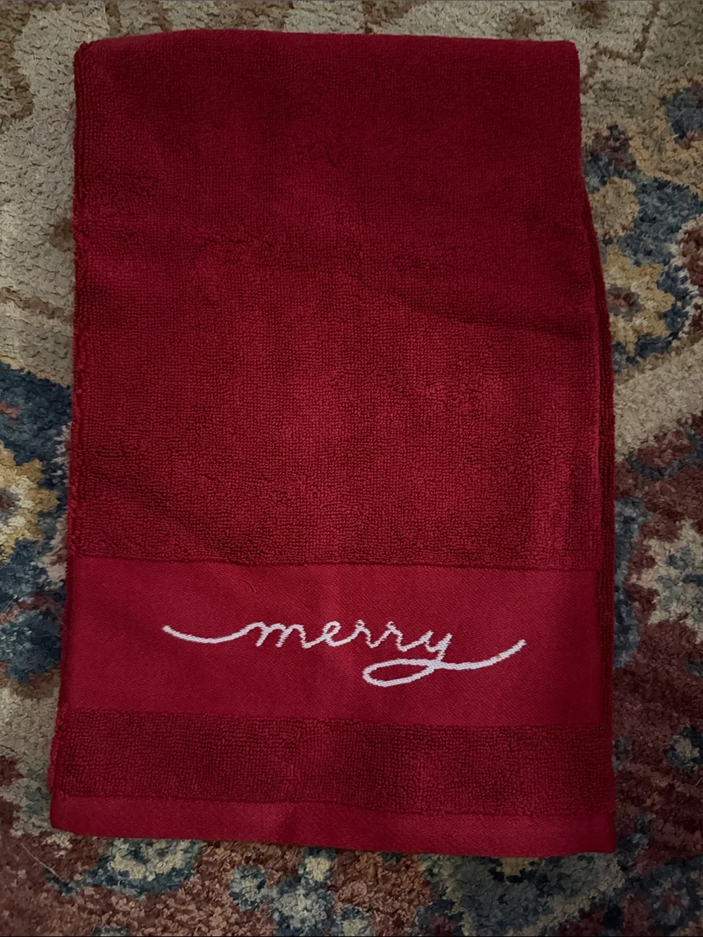 Pottery Barn Red 'Merry' Embroidered Holiday Hand Towel